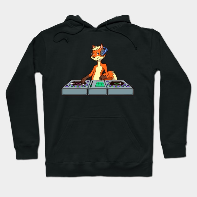 Cartoon fox DJ at turntable Hoodie by Modern Medieval Design